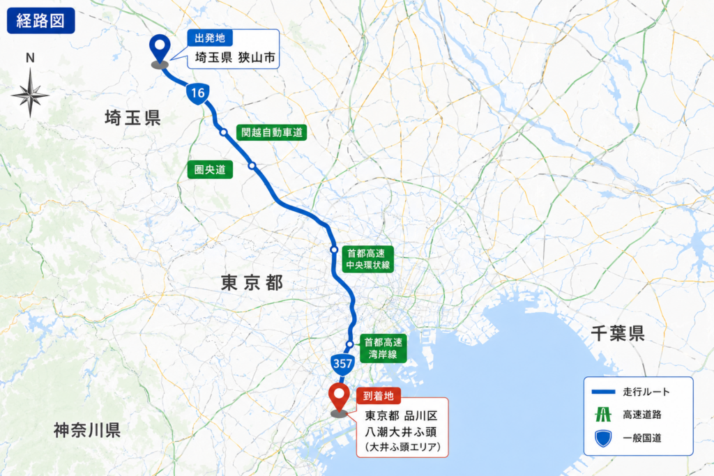 空コン回送 埼玉県狭山市 → 東京都大井、青海